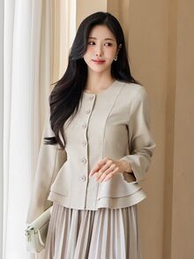 DAZY Women's Solid Color Single-Breasted Ruffle Hem Elegant Blouse Fall - Apricot - View 5