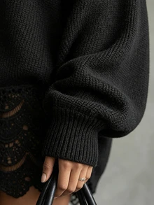 SHEIN Contrast Lace Asymmetrical Shoulder Drop Shoulder Sweater - Black - View 6