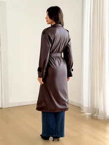 SHEIN Tall Double Breasted Belted PU Trench Coat - Brown - View 2