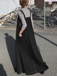 FRIFUL Women's Autumn Solid Color Spaghetti Strap Dress With Full Skirt - Black - View 2