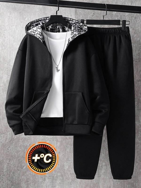 Teen Boy 2pcs Teen Boy Casual Sporty Basic Hooded Sweatshirt And Sweatpants All-Over Print Hat
