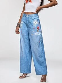 THE POWERPUFF GIRLS X SHEIN Celana Jeans Denim Wanita Motif Kartun dengan Kantong Kancing - Biru - View 5