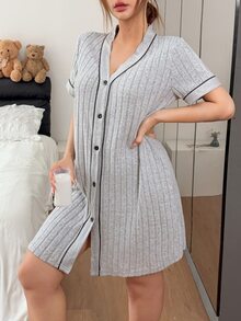 Napfluff Contrast Piping Button Front Sleep Dress - Grey - View 4