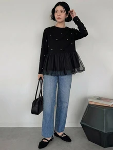 FRIFUL Pearls Beaded Mesh Peplum Hem Tee - Black - View 4