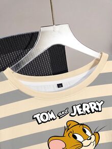TOM & JERRY X SHEIN 大尺碼對比條紋卡通與字母圖案 T 恤 - 白色 - 查看 4