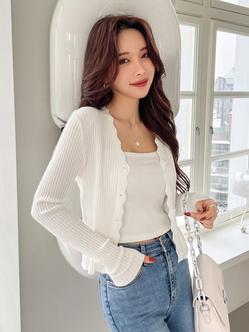 Scallop Trim Ribbed Knit Cardigan Fall