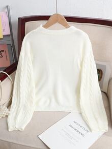 SHEIN Tween Girl Cable Knit Drop Shoulder Cardigan - White - View 2