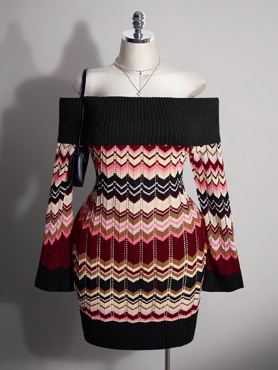 SHEIN ICON Gaun Sweater Off-Shoulder Bergaris Warna-warni Ukuran Plus untuk Wanita - MultiWarna - View 1