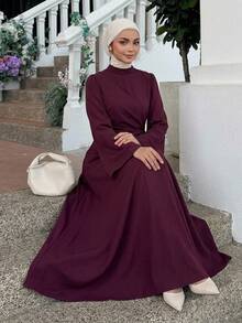 DAZY Women's Elegant Fashion Pleated Waist Long Sleeve Dress Fall - Burgundy - View 7