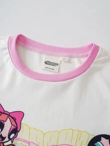 THE POWERPUFF GIRLS X SHEIN Tween Girl Cartoon Print Crew Neck Top And Striped Shorts Fitted Loungewear Set - Pink - View 3