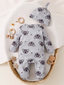 Conjunto de Pijama y Gorro con Estampado de Koala para Bebé Recién Nacido - Gris Claro - Ver 2