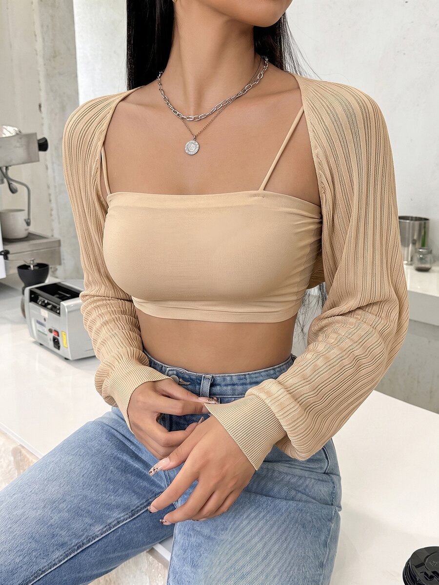 SHEIN EZwear 女式輕質開襟衫 - 杏色 - 查看 1