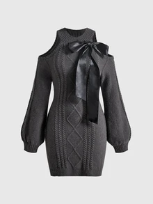 ROMWE Women Sweater Dresses - Dark Grey - View 1