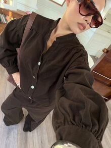 DAZY Jaket Denim Kancing Depan Polos, Set Celana Jeans Kaki Lebar, Cocok untuk Makan Siang Musim Gugur, Cokelat Tua, Pakaian Kasual, Streetwear - Coklat - View 1