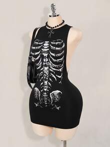 SHEIN ICON Vestido ajustado con estampado de esqueleto - Negro - Ver 6