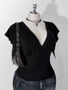 SHEIN ICON Women's Plus Size Retro Sexy Casual Millennial Style Y2K Simple Commuting Deep V-Neck Ruffled Short Sleeve Gathered Black T-Shirt - Black - View 9