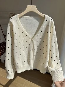 Comfortcana Plus Size Autumn Casual Polka Dot Print Cardigan - Black and White - View 1