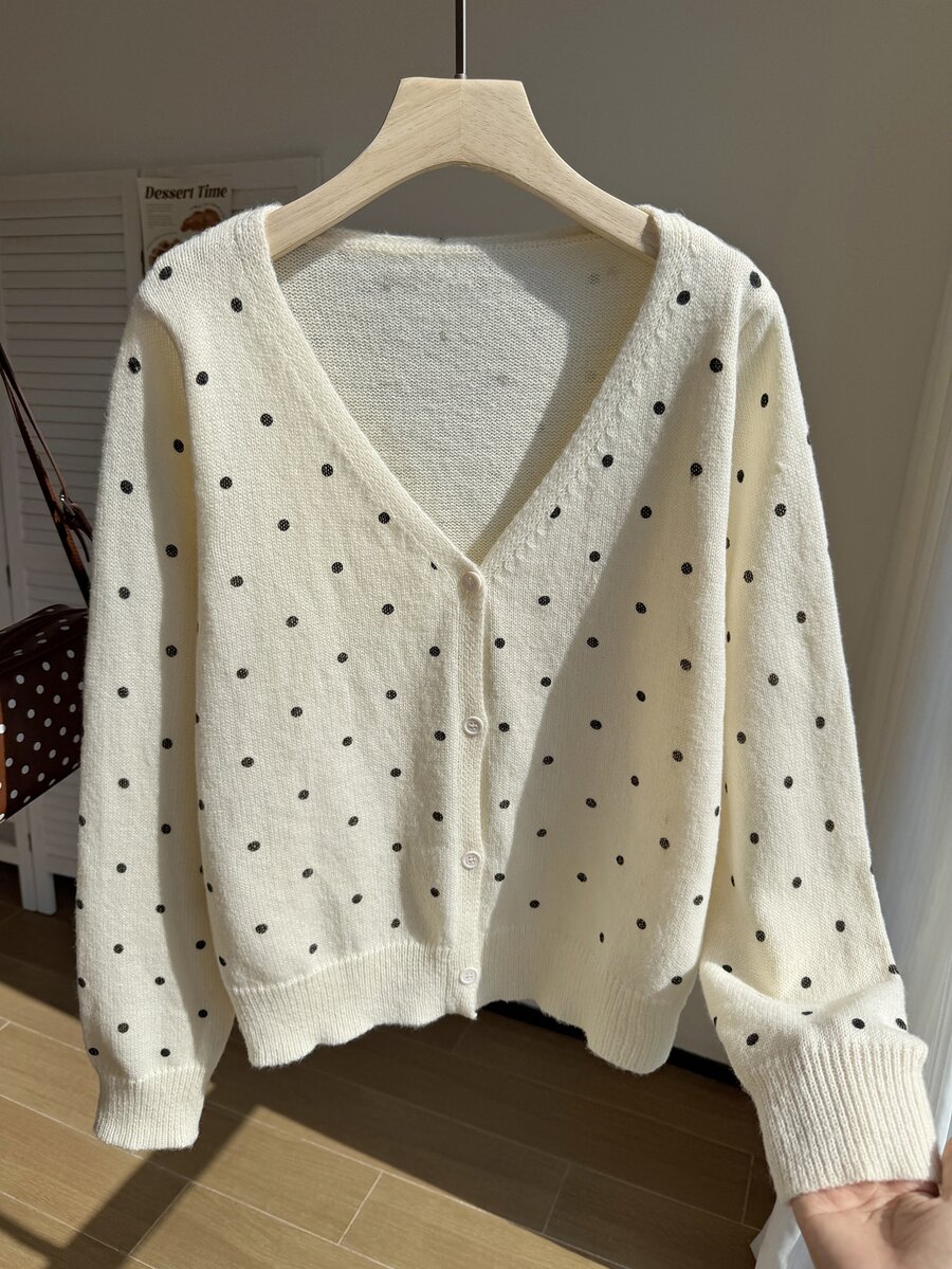 Comfortcana Plus Size Autumn Casual Polka Dot Print Cardigan - Black and White - View 1