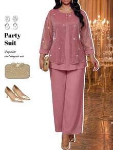Fleurora Plus Size Elegant Party Top And Pants 2 Pieces Set - Purple - View 6