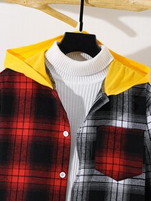 SHEIN 兒童青少年男孩休閒柔軟舒適紅色格紋長袖連帽襯衫，基礎上衣，適合秋季、聖誕節、萬聖節、學校、家庭聚會、度假、派對，秋季穿搭，冬季穿搭 - 彩色 - 查看 8