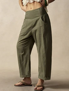 Bohemela Plus Size Casual Versatile Elastic Waist Pants With Pockets Fall - Army Green - View 1