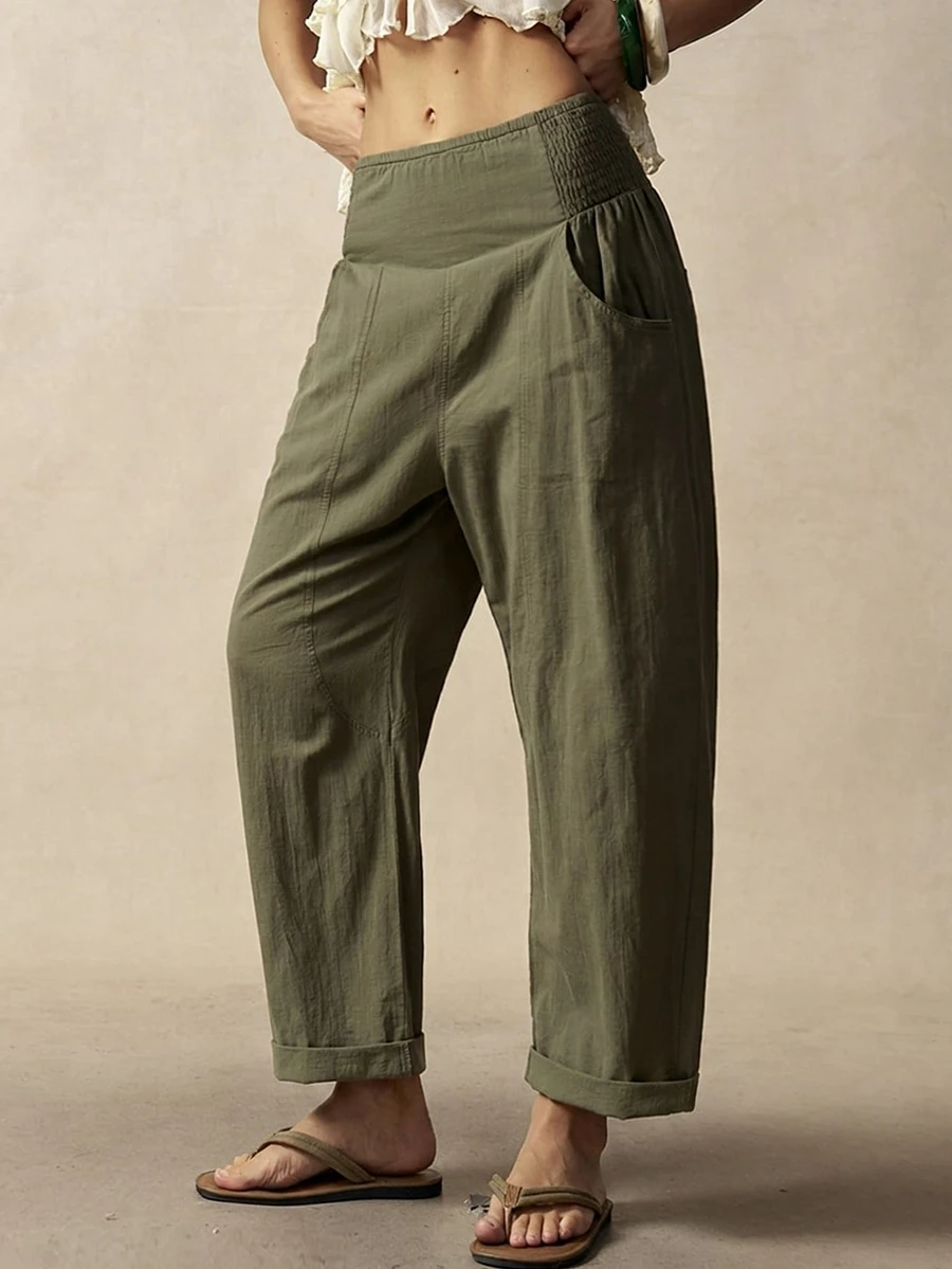 Bohemela Plus Size Casual Versatile Elastic Waist Pants With Pockets Fall - Army Green - View 1