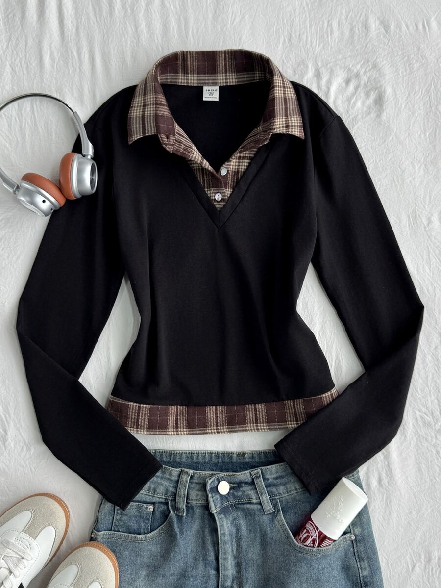 Teen Girl Plaid Print Contrast Collar 2 In 1 Tee - Black - View 1