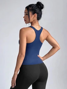 SHEIN Sovereign Charm Solid Sports Tank Top - Navy Blue - View 2