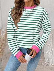 SHEIN LUNE Contrast Striped Print Drop Shoulder Oversize Ringer Pullover Sweatshirt - White - View 3