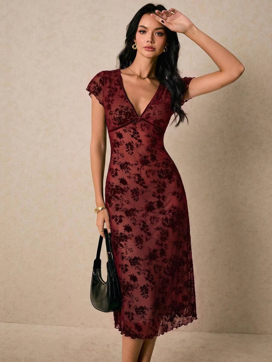 Poéselle 花卉印花深V領蕾絲洋裝 - 酒紅色 - 查看 1