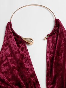Sweetra Ruched Backless Metal Detail Halter Top - Burgundy - View 5
