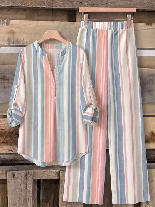 Rusticease Block Striped Roll Tab Sleeve Blouse & Wide Leg Pants