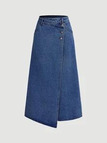 SHEIN MOD Button Front Wrap Asymmetrical Hem Denim Skirt Teacher Outfits For Women - Medium Wash - View 1