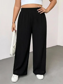 SHEIN Essnce Plus Solid Wide Leg Pants Fall - Black - View 6