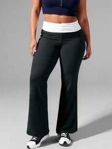 SHEIN Core Rhythm Celana Olahraga Plus Size Kontras Kerut Pinggang Lebar Kaki Flare Gaya Kawaii untuk Gym Hitam dan Putih Musim Dingin - Hitam dan Putih - View 4