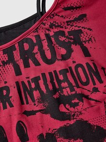 ROMWE Grunge Punk Letter Graphic Asymmetrical Neck Drawstring Side 2 In 1 Tee - Burgundy - View 3