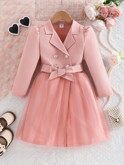 SHEIN Young Girl Double Breasted Kids Lapel Neck Puff Sleeve Belted Autumn Winter Coat
