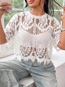 SHEIN EZwear 大碼女士上衣 - 白色 - 查看 6