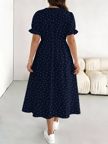 SHEIN Essnce Plus Polka Dot Print Puff Sleeve Dress - Navy Blue - View 2