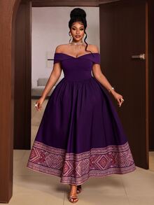 Maweii Gaun dengan Detail Lipatan dan Bahu Terbuka Ukuran Plus - Purple - View 3