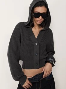 MERLEAU-F Solid Drop Shoulder Button Placket Hooded Crop Cardigan,Long Sleeve Tops For Women,Office Travel Vacation Casual,Work Autumn Sweaters Grey - Dark Grey - View 1