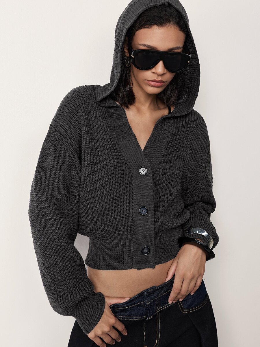 MERLEAU-F Solid Drop Shoulder Button Placket Hooded Crop Cardigan,Long Sleeve Tops For Women,Office Travel Vacation Casual,Work Autumn Sweaters Grey - Dark Grey - View 1