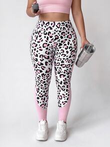SHEIN Velisys Plus Leopard Print Wideband Waist Sports Leggings - Multicolor - View 3