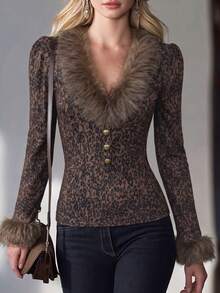 LUMIGAL Leopard Print Fuzzy Trim Button Front Top - Brown - View 4