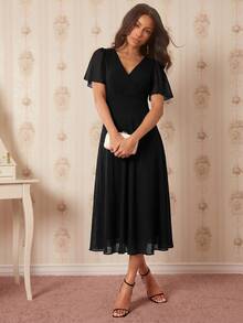 Amorya Surplice Neck Flounce Sleeve Dress - Black - View 6