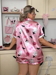 Slumberry CURVE Sweet & Cute Halloween Print Short Sleeve & Shorts Satin Plus Size Pajama Set - Multicolor - View 2
