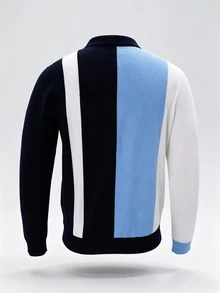 Manfinity Dauomo Men's Striped Long Sleeve Casual Turn Collar Sweater - Blue - View 8