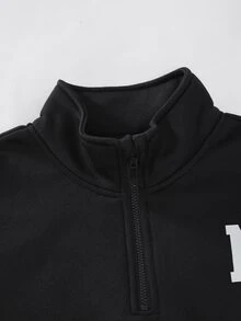 SHEIN Coolqubz 2件組青少年男孩休閒極簡印花拉鍊半開領連帽衛衣與直筒長褲套裝，適合日常通勤、上學、運動與休閒穿著 - 黑色 - 查看 3