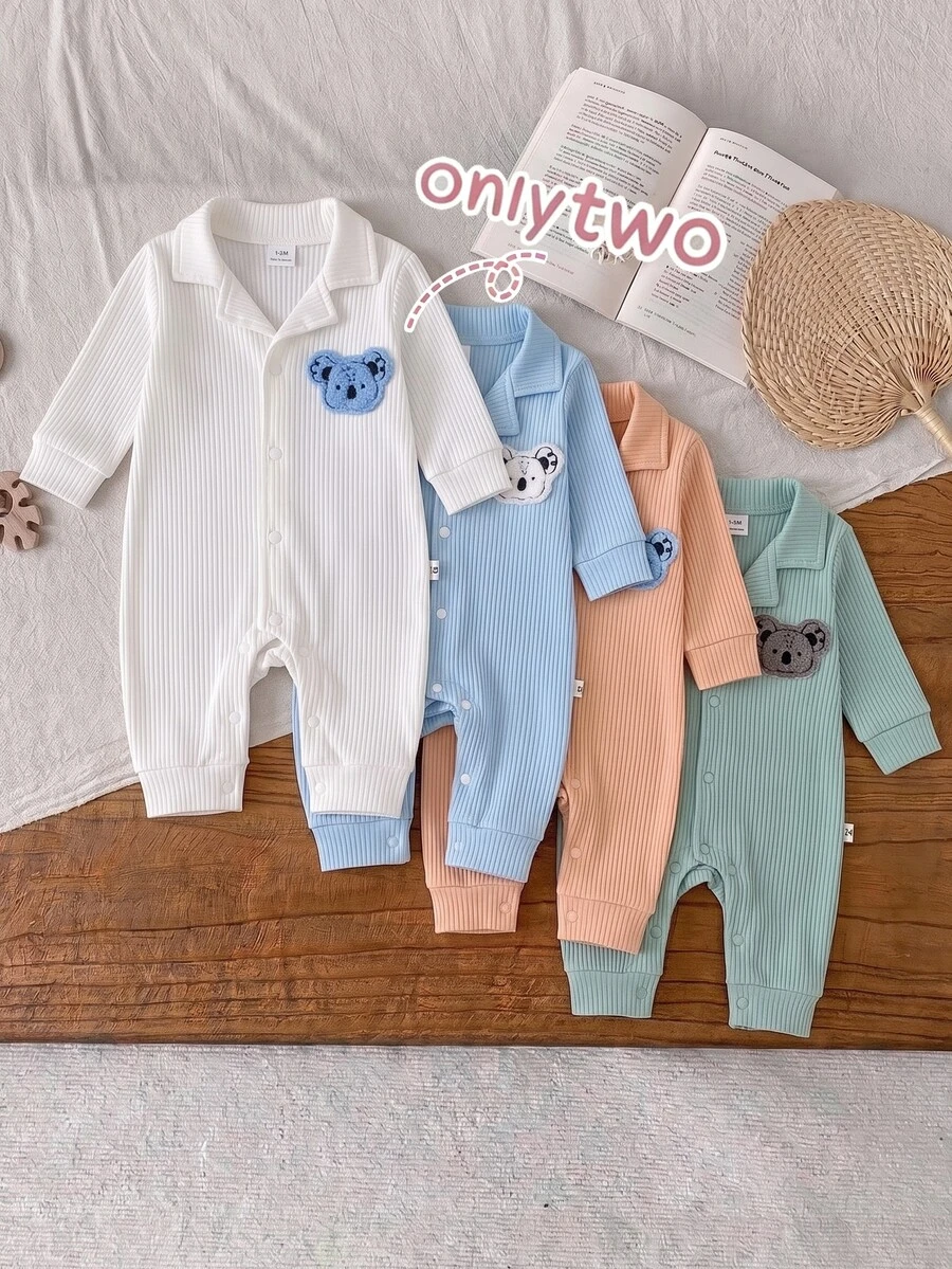 Newborn Baby 2pcs Cartoon Animal Patched Rib-Knit Pajama Jumpsuit - Multicolor - View 1