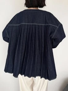 FRIFUL Áo khoác denim vai trễ xếp ly lưng cho mùa thu - Màu xanh lam - Xem 3